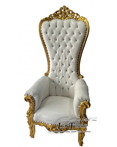 Poltrona trono stile Barocco ecopelle o vellutino bianca oro Swarovski Ar7579