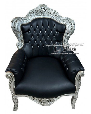 Barock-Thronsessel aus Deutschland, silber-schwarzes Kunstleder, Swarovski-Kristalle AL4227