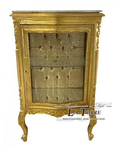 Louis XV Baroque Glass Display Cabinet Gold Marble Ivory Damask Fabric or Eco-leather Swarovski AL3337