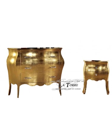 Dreiteiliges Schlafzimmer-Set mit Nachttisch und Kommode, modern geschwungen, goldfarben oder in jeder anderen Farbe aus