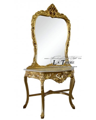 Baroque Louis XV console in wood entrance gold leaf ivory marble mirror LT3050