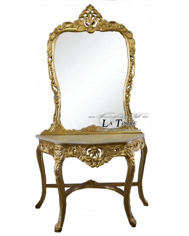 Baroque Louis XV console in wood entrance gold leaf ivory marble mirror LT3050