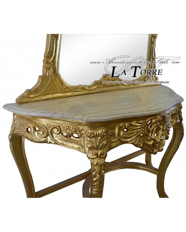 Baroque Louis XV console in wood entrance gold leaf ivory marble mirror LT3050