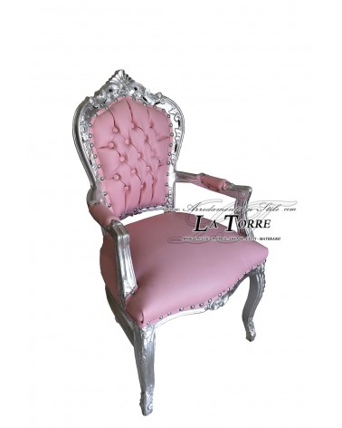 Sedia Poltrona Still Luigi XV Barocco Impero con braccioli argento ecopelle rosa AL2729