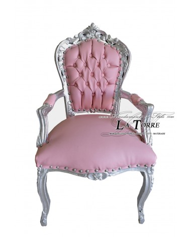 Sedia Poltrona Still Luigi XV Barocco Impero con braccioli argento ecopelle rosa AL2729