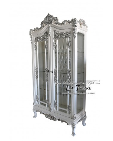 White and silver Louis XV Baroque glass display cabinet white faux leather swarovski AL6671