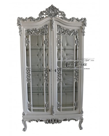 White and silver Louis XV Baroque glass display cabinet white faux leather swarovski AL6671