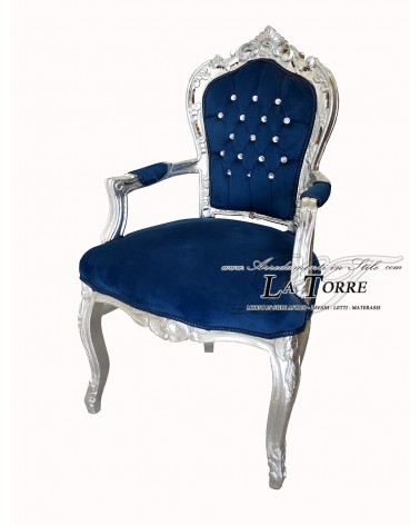 Sedia Poltrona Still Luigi XV Barocco Impero argento vellutino blu AL2729