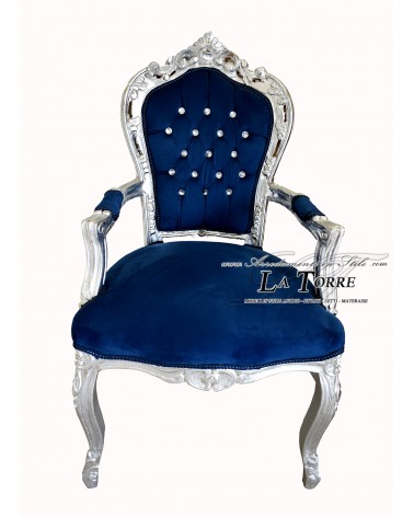 Sedia Poltrona Still Luigi XV Barocco Impero argento vellutino blu AL2729