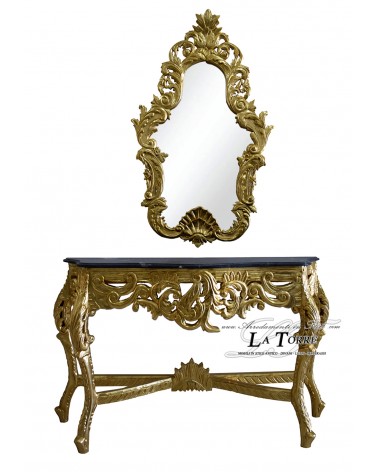Konsolentisch mit Spiegel, Louis XV Barock, Blattgold, schwarzer Marmor LT3057