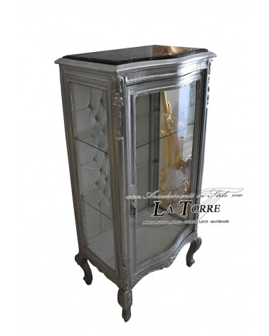 Louis XV Baroque Crystal Display Cabinet Silver White Eco-leather Tufted Swarovski AL2783