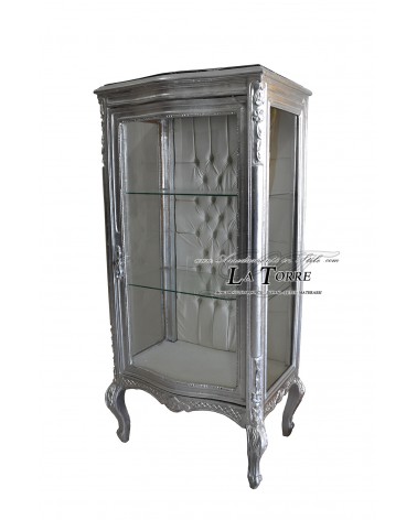 Louis XV Baroque Crystal Display Cabinet Silver White Eco-leather Tufted Swarovski AL2783