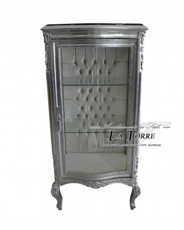 Louis XV Baroque Crystal Display Cabinet Silver White Eco-leather Tufted Swarovski AL2783