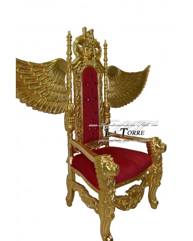 Trono da re con leoni alati in stile barocco poltrona reale foglia oro velluto rosso LT3056