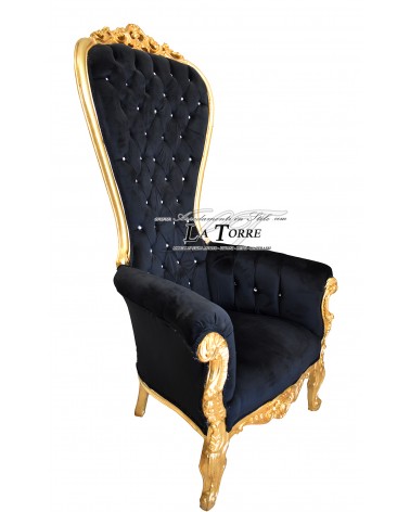 Baroque style throne armchair gold leaf structure black velvet Swarovski Ar7579