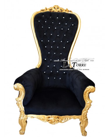 Baroque style throne armchair gold leaf structure black velvet Swarovski Ar7579
