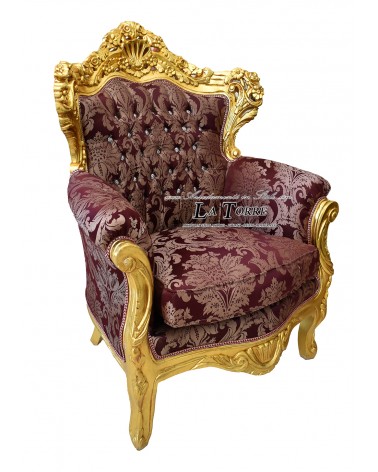 Sedia Poltrona Germany Trono barocco in foglia oro e tessuto damascato bordeaux gigliato AL4227
