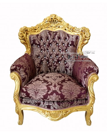 Sedia Poltrona Germany Trono barocco in foglia oro e tessuto damascato bordeaux gigliato AL4227
