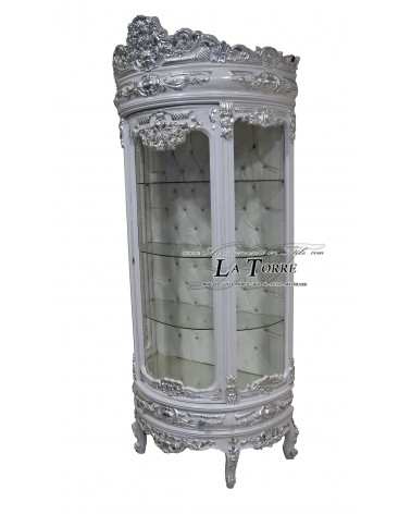 Curved glass display cabinet Louis XV baroque style white and silver swarovski LT3049