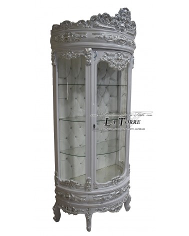 Curved glass display cabinet Louis XV baroque style white and silver swarovski LT3049