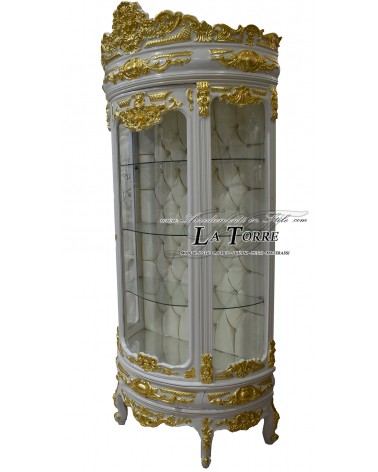 Barocke Vitrine im Stil Louis XV mit gebogenem Glas, weiß und goldfarben mit Swarovski-Kristallen, LT3049