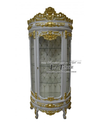 Barocke Vitrine im Stil Louis XV mit gebogenem Glas, weiß und goldfarben mit Swarovski-Kristallen, LT3049
