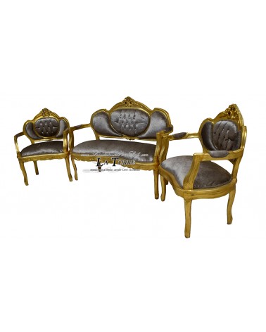 Klassisches, geschwungenes Barock-Wohnzimmersofa, Sessel, Couchtisch, Blattgold, taubengrauer Samt LT2786