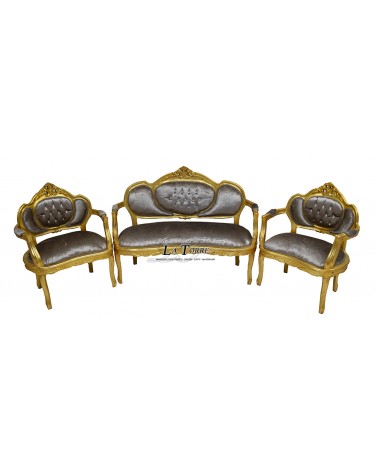 Klassisches, geschwungenes Barock-Wohnzimmersofa, Sessel, Couchtisch, Blattgold, taubengrauer Samt LT2786