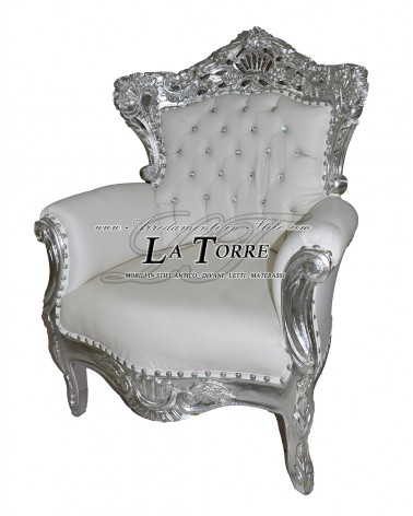 Sedia Poltrona Germany Trono Barocco argento ecopelle bianca swarovski AL4227