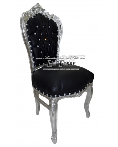 Poltrona Sedia Still Luigi XV barocco legno argento ecopelle nera swarovski AL1826