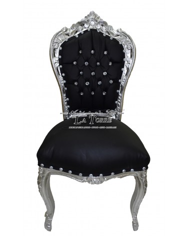 Poltrona Sedia Still Luigi XV barocco legno argento ecopelle nera swarovski AL1826