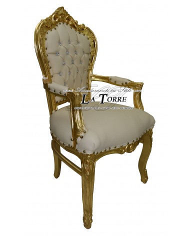 Sedia Poltrona Still Luigi XV Barocco Impero struttura oro ecopelle avorio AL2729