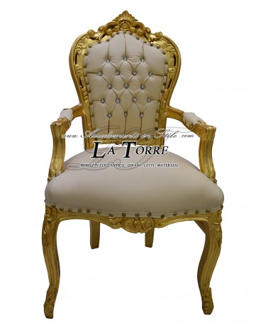 Sedia Poltrona Still Luigi XV Barocco Impero struttura oro ecopelle avorio AL2729