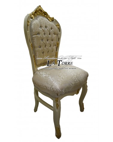 Sedia Poltrona Barocco Still Luigi XV legno avorio e oro tessuto virginia champagne swarovski AL1826