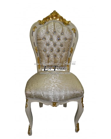 Sedia Poltrona Barocco Still Luigi XV legno avorio e oro tessuto virginia champagne swarovski AL1826