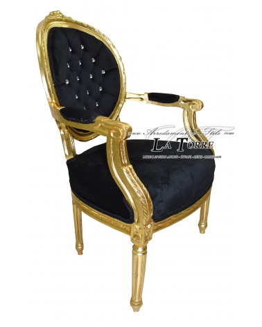 Barocker Cordelia-Sessel mit Armlehnen, Louis-XV-Sessel, schwarzer Samt, goldene Swarovski-Kristalle Ar5457