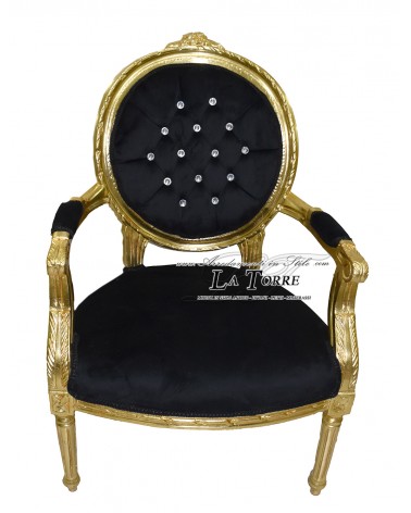 Barocker Cordelia-Sessel mit Armlehnen, Louis-XV-Sessel, schwarzer Samt, goldene Swarovski-Kristalle Ar5457