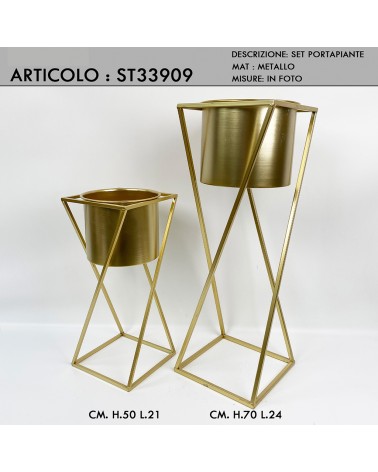 Set aus zwei modernen, quadratischen Pflanzenhaltern für das Wohnzimmer aus goldfarbenem Metall ST33909