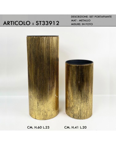 Set of two modern round living room plant holders in gold-coloured metal ST33912