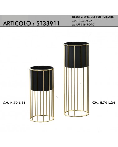 Set due porta piante da salotto moderni rotondi in metallo colore oro e vaso nero ST33911
