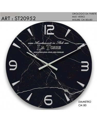 Orologio da parete in vetro effetto marmo stile moderno nero con particolari bianchi ST20952