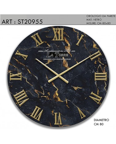 Modern Style Black Marble Effect Glass Wall Clock with Gold Details ST20955