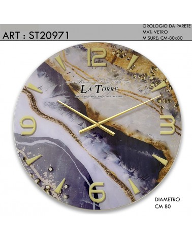 Moderne Wanduhr aus Glas in Marmoroptik mit Goldglitzer und Swarovski-Kristalldetails ST20971