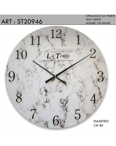 Orologio da parete in vetro effetto marmo stile moderno bianco con particolari neri ST20946