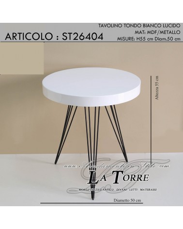 Tavolino Consolle salotto tondo moderno con piedi in metallo bianco lucido ST26404