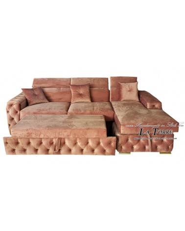Divano letto 3 posti rete e materasso con penisola Chesterfield moderno ecopelle o velluto qualsiasi colore swarovski AZ45