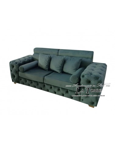 Divano letto 3 posti rete e materasso Chesterfield moderno ecopelle o velluto qualsiasi colore swarovski AZ56