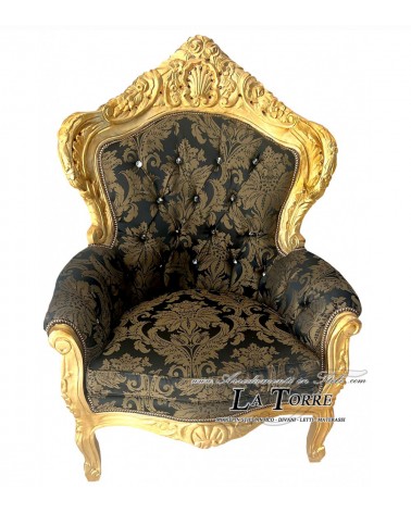 Chair Armchair Germany Baroque Throne Gold Black Damask Fabric and Gold Swarovski AL4227