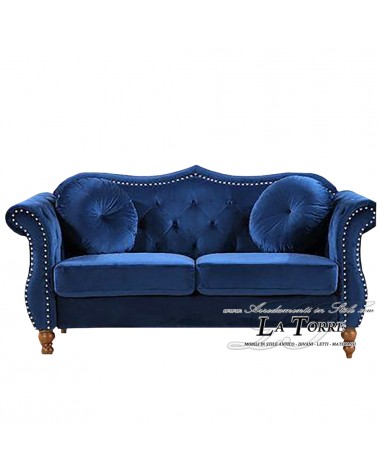 2-Sitzer-Sofa mit Bettgestell und Matratze, modernes Wohnzimmer, blauer Samt-Ökolederbezug, Swarovski-Knöpfe AZ62