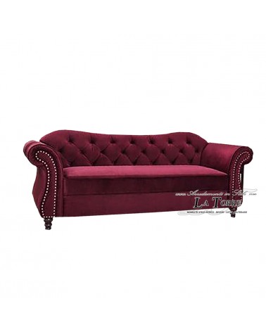 2-Sitzer-Sofa mit Gestell und Matratze, modernes Wohnzimmer, bordeauxrotes Samt-Kunstleder, Swarovski-Knöpfe AZ64